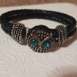 Silver leather owl bracelet